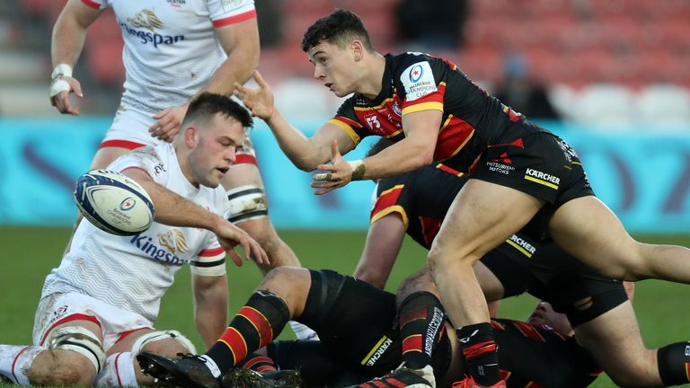 Charlie Chapman of Gloucester passes the ball against Ulster