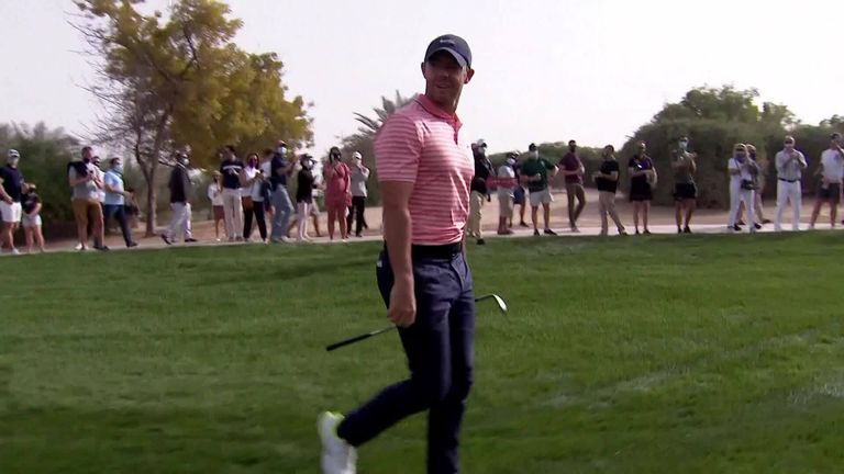 Highlights of Rory McIlroy's third-round 67, including a superb hole-out for eagle at the 10th, which moved him into the outright lead after day three in Abu Dhabi