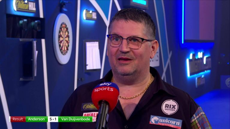 Gary Anderson reacts to his impressive performance in his quarter-final, beating Dirk Van Duijvenbode 5-1. 