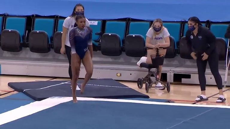 US college gymnast Nia Dennis performs a routine celebrating 'black excellence' inspired by the Black Lives Matter protests. Pictures courtesy of @UCLAGymnastics/PAC12Network