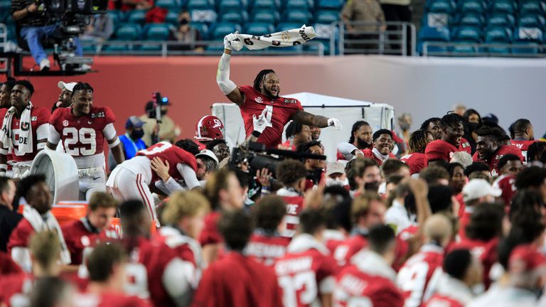 Alabama Crimson Tide linebacker Ben Davis celebrates after victory over Ohio State in Florida 