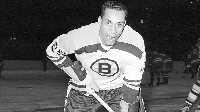 O'Ree in his Boston Bruins uniform prior to a game against the New York Rangers at New York's Madison Square Garden in 1960