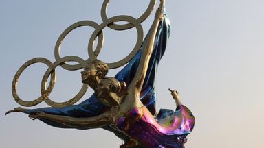 The Olympic symbol monument at Shougang Park - the venue for snowboarding and freestyle skiing (Big Air) for the 2022 Beijing Winter Olympics in Beijing, China