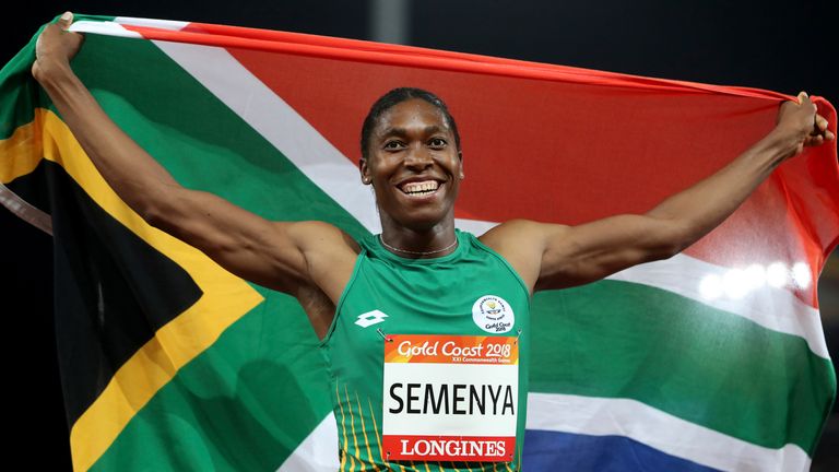 Semenya celebrates after winning the women's 800m final at the 2018 Commonwealth Games 