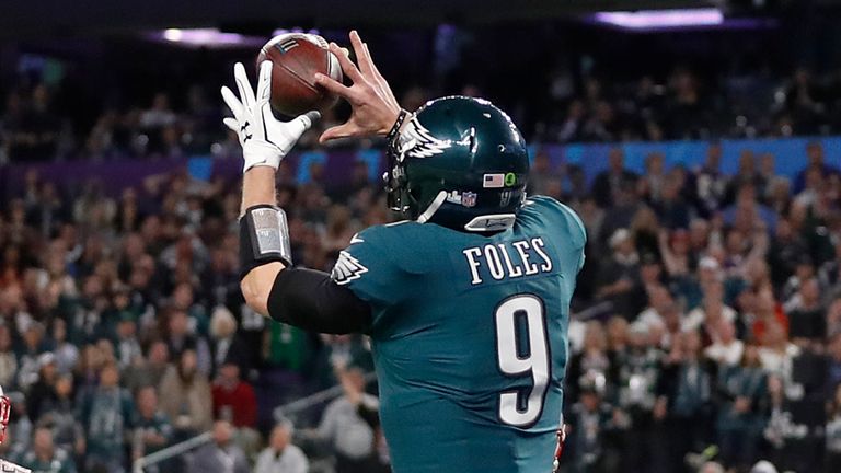 Eagles quarterback Nick Foles catches a touchdown pass as part of their 'Philly Special' play in Super Bowl LII against the Patriots
