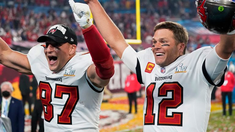 Rob Gronkowski and Tom Brady celebrate their Super Bowl success with the Tampa Bay Buccaneers after the 2020 season