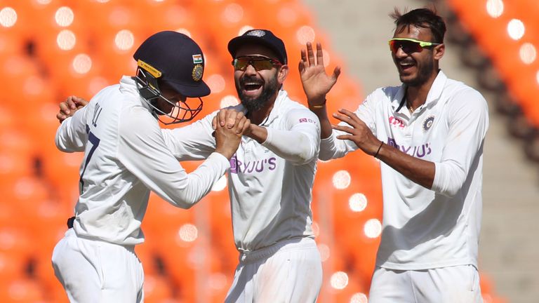 Axar Patel celebrates after one of his four wickets on the first day in Ahmedabad (Associated Press)