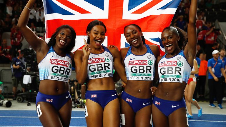 Imani-Lara Lansiquot (second left) was part of the golden relay team at the 2018 European Championships in Berlin 
