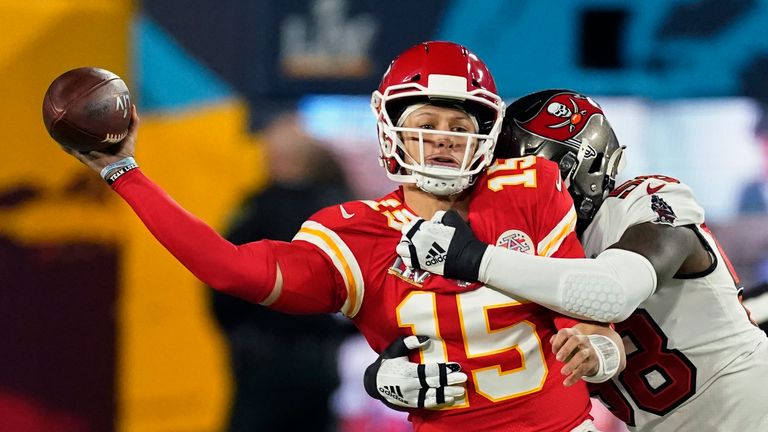 Patrick Mahomes is hit by Tampa Bay Buccaneers linebacker Shaq Barrett in the Kansas City Chiefs' Super Bowl LV loss