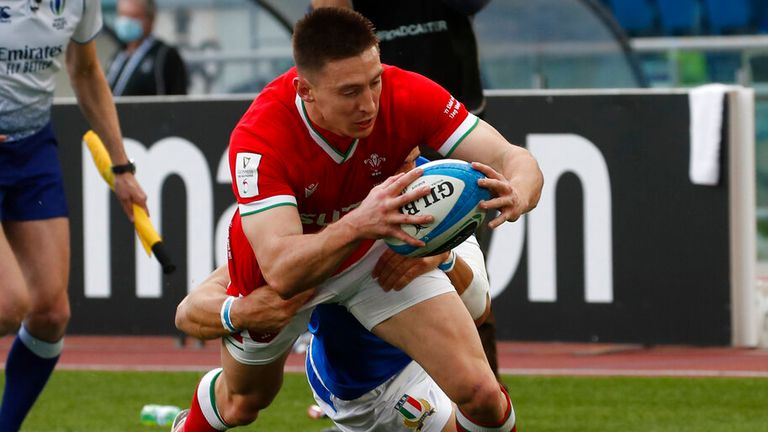 Josh Adams scores the first Wales try