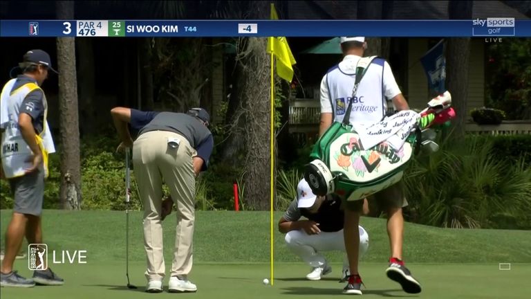 Si Woo Kim's long-range birdie try at the RBC Heritage eventually dropped into the hole, over a minute after resting next to the pin, although only counted as a par due to it taking longer than 10 seconds to find the cup