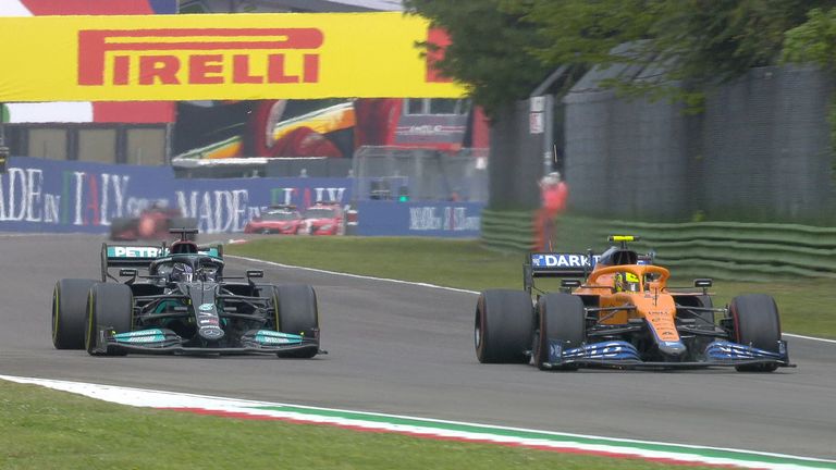 Lewis Hamilton overtakes Lando Norris in the final stages of the race to reclaim second position.