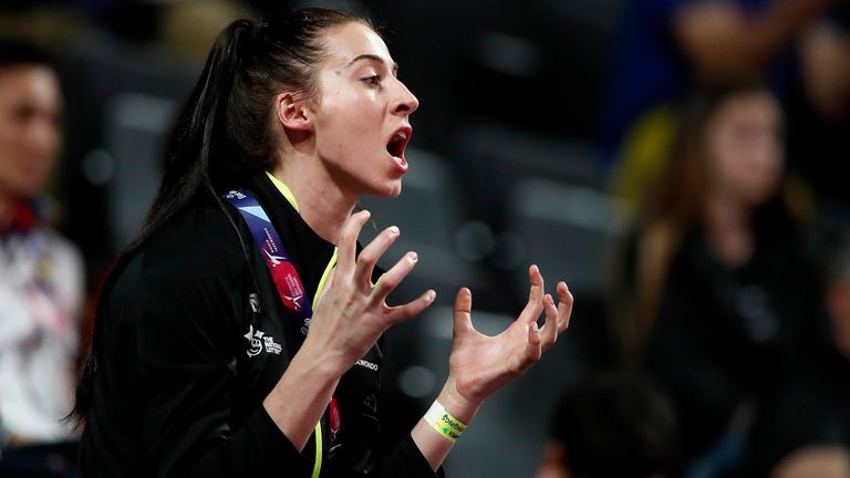 Walkden watches her boyfriend, Moldova's Aaron Cook, during his quarter-final match at the World Taekwondo Championships