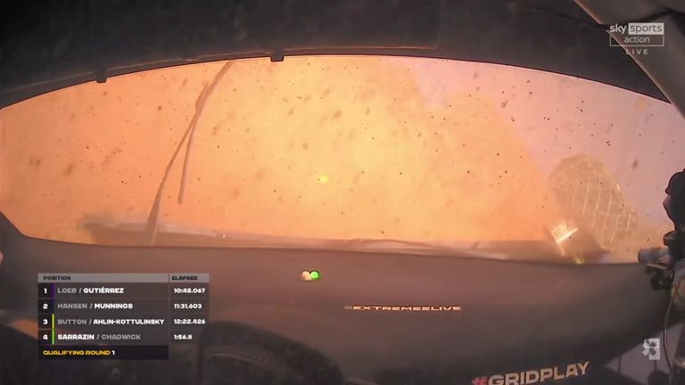 Watch as Frenchman Stephane Sarrazin crashes out of the first-ever round of qualifying at the Desert X Prix in Saudi Arabia. 