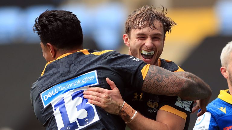  Josh Bassett celebrates his try for Wasps against Clermont
