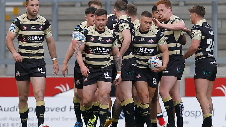 Leigh Centurions' Matty Russell celebrates scoring their first try with team-mates