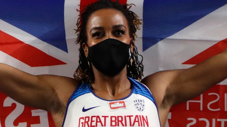 Britain's Tiffany Porter celebrates winning a medal at the European Indoor Athletics Championships in March