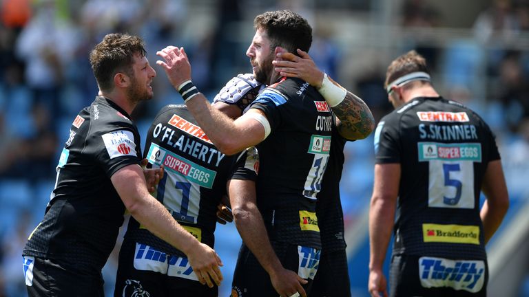 Exeter scored 12 tries in total in a demolition of Newcastle Falcons on Sunday