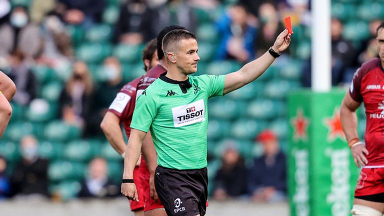 Referee Luke Pearce presents a red card after a TMO review into Levani Botia's high tackle 