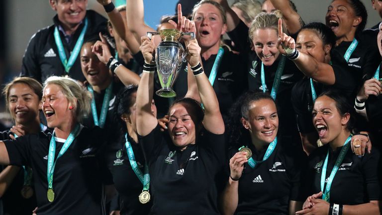 New Zealand's Fiao'o Faamausili lifts the trophy after the 2017 women's World Cup final