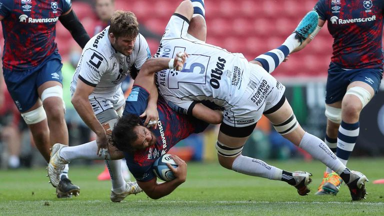 Bristol Bears' Steven Luatua is tackled by Gloucester's Matias Alemanno, resulting in a red card
