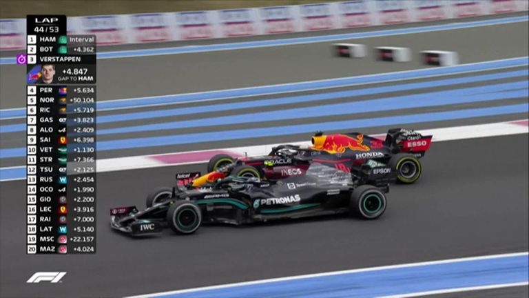 Max Verstappen climbed to second after overtaking Valtteri Bottas, giving him late hope of catching Lewis Hamilton for the race win in France