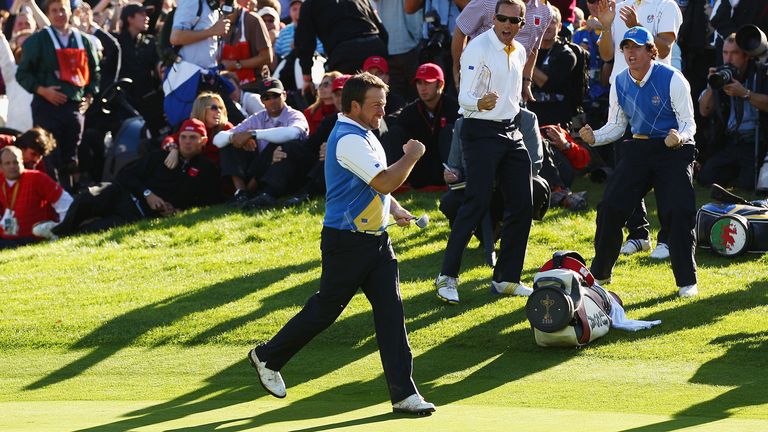 McDowell celebrates securing the winning point for Europe at Celtic Manor in 2010