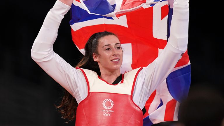 Great Britain's Bianca Walkden celebrates after defeating Poland's Aleksandra Kowalczuk to claim a bronze medal