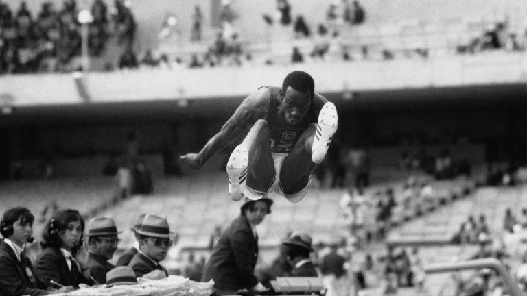 Beamon about to set a new world and Olympic record of 29 ft. and 2.5 inches in 1968