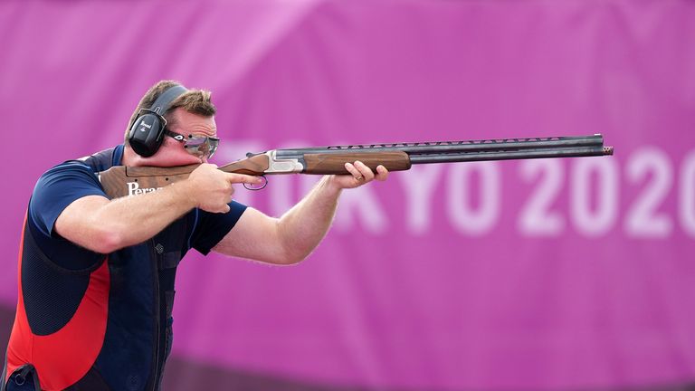 Great Britain's Matthew Coward-Holley on his way to the bronze medal in the trap shooting men's final at the Tokyo Olympics