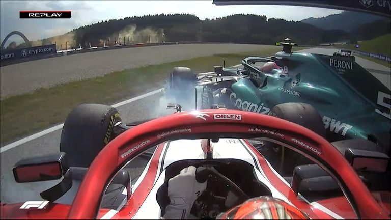 The Alfa Romeo of Kimi Raikkonen and Aston Martin of Sebastian Vettel collided on the final lap of the Austrian Grand Prix