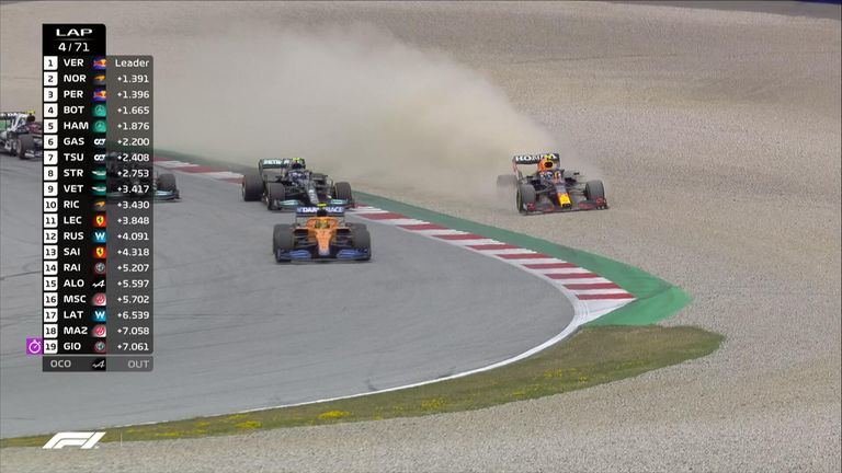 Sergio Perez ends up in the gravel and drops down to 10th after this incident with Lando Norris, who later picked up a five-second time penalty