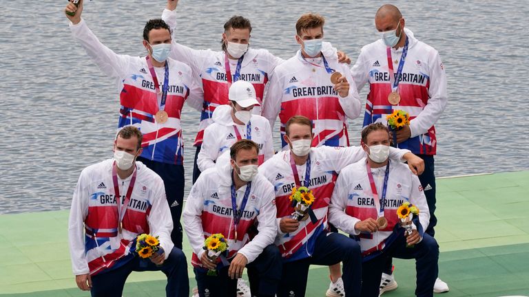 Team GB celebrate third in the men's eight 