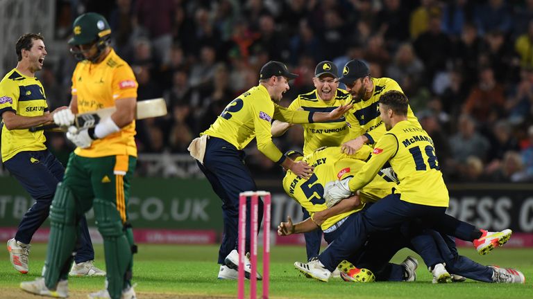 Hampshire Hawks celebrate their Vitality Blast victory over Notts Outlaws