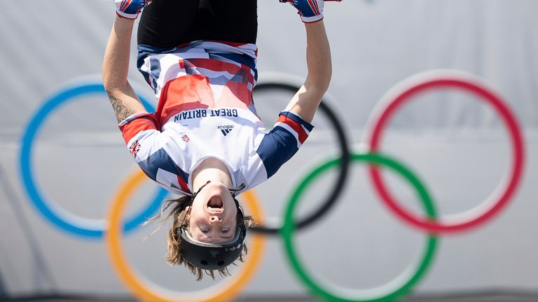 Charlotte Worthington flips in mid-air during the BMX freestyle competition