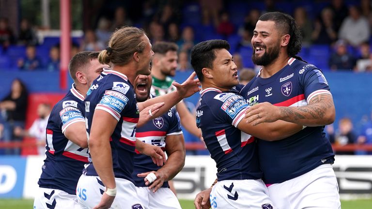 David Fifita celebrates his try with his Wakefield team-mates