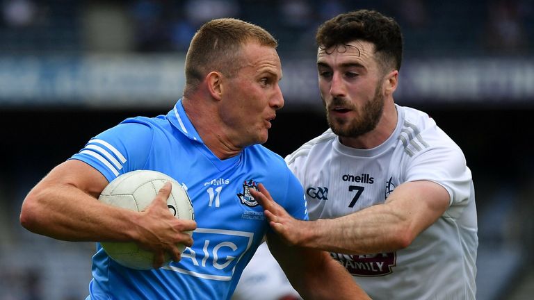 Ciar&#225;n Kilkenny of Dublin is tackled by Kevin Flynn of Kildare