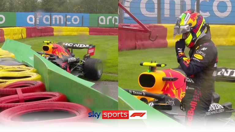 Sergio Perez crashed on his way to the grid at the Belgian GP.