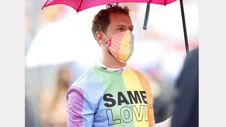 Aston Martin F1's Sebastian Vettel wore his rainbow T-shirt and mask on Hungarian GP race day earlier this month