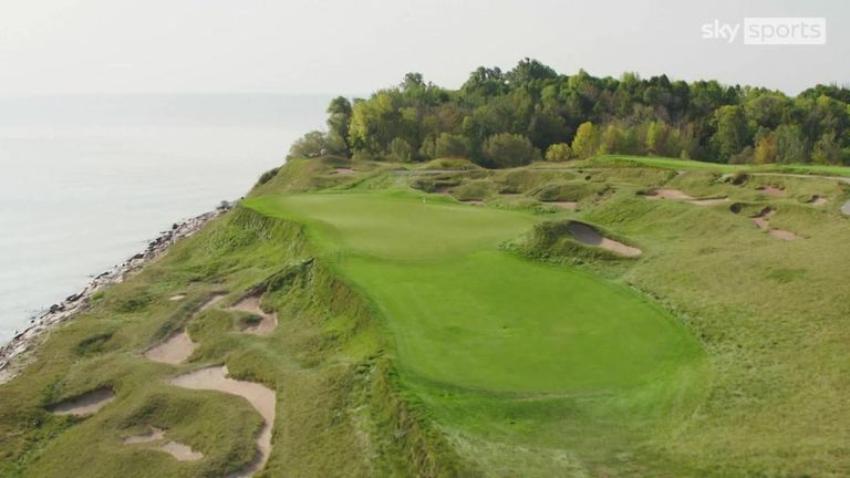 Luke Donald and Jim 'Bones' Mackay take a look at the penultimate hole of the Whistling Straits layout