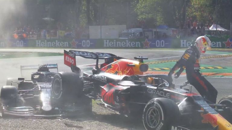 Watch the incident at the Italian GP that saw Max Verstappen and Lewis Hamilton both crash out into the gravel.