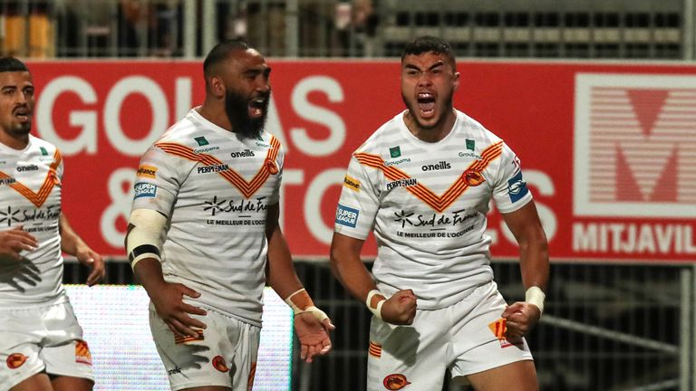Joe Chan celebrates Catalans' fifth try of the night
