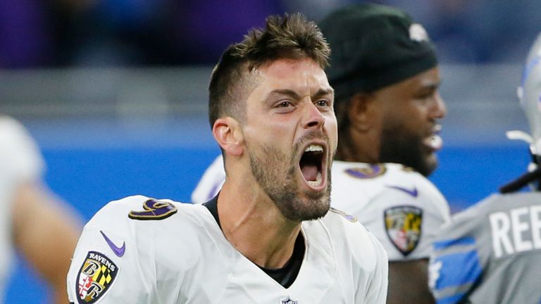 Baltimore Ravens kicker Justin Tucker celebrates after kicking a 66-yard field goal to win the game against the Detroit Lions (AP)