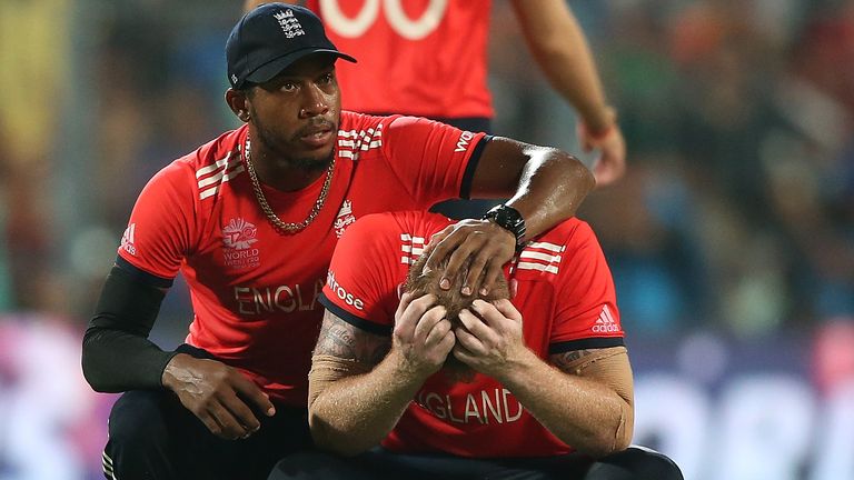 Chris Jordan consoles Ben Stokes following England's defeat to West Indies in the final of the 2016 T20 World Cup in Kolkata
