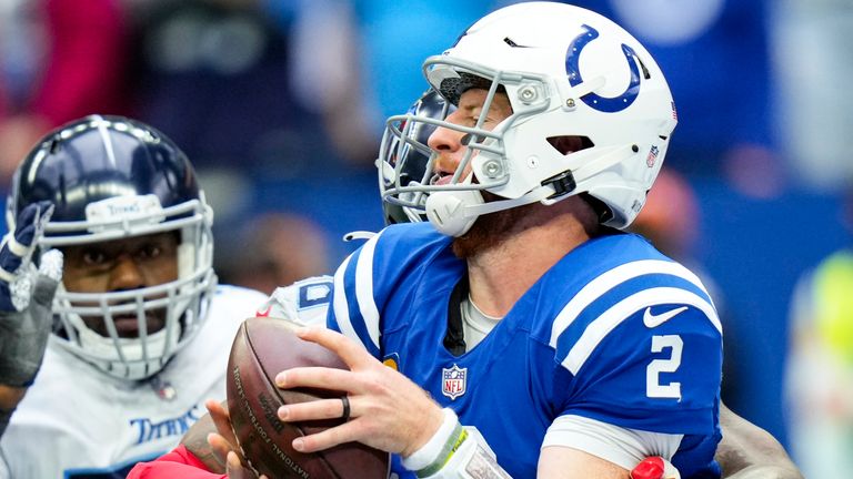 Indianapolis Colts quarterback Carson Wentz threw for 231 yards, three touchdowns and two interceptions in a home loss to the Tennessee Titans