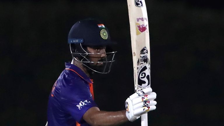 India's KL Rahul raises his bat after his quickfire half-century in the T20 World Cup warm-up match against England