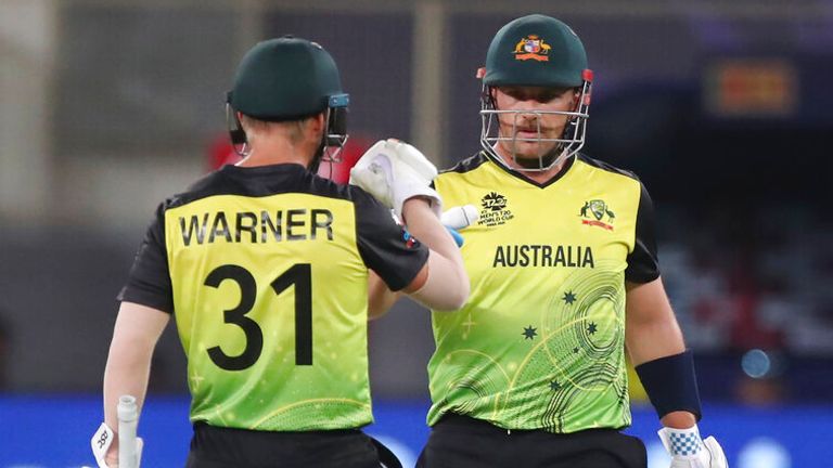 Australia's captain Aaron Finch, right, and David Warner shared an opening stand of 70 in just under seven overs