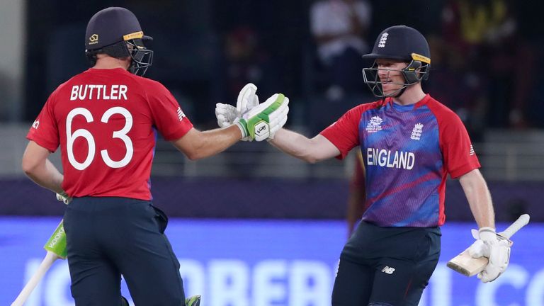 England captain Eoin Morgan shakes hands with Jos Buttler after wrapping up the emphatic win over West Indies