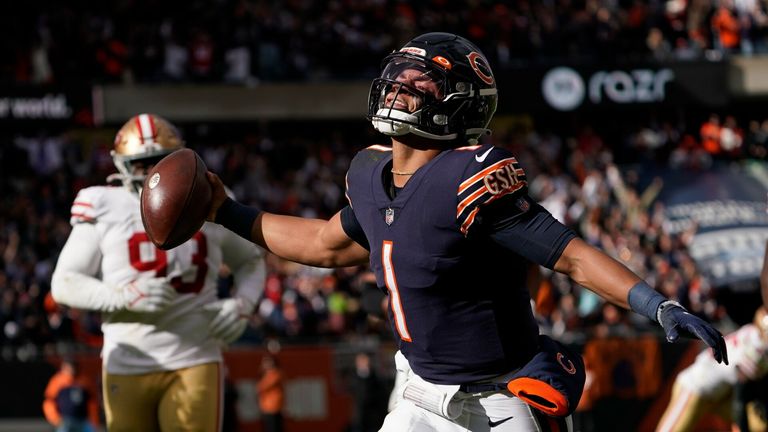 Chicago Bears rookie quarterback Justin Fields can add this 22-yard touchdown run against the San Francisco 49ers from Week Eight to his highlight reel
