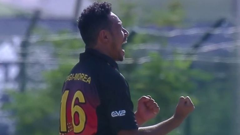 Kabua Morea finished with 2-26 for Papua New Guinea after picking up the wicket of  Mohammad Naim for a duck